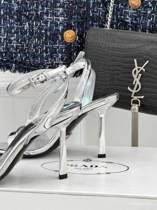 Prada 2025 SS Pointed Toe High Heel Sandals with Triangle Buckle - KFY00280