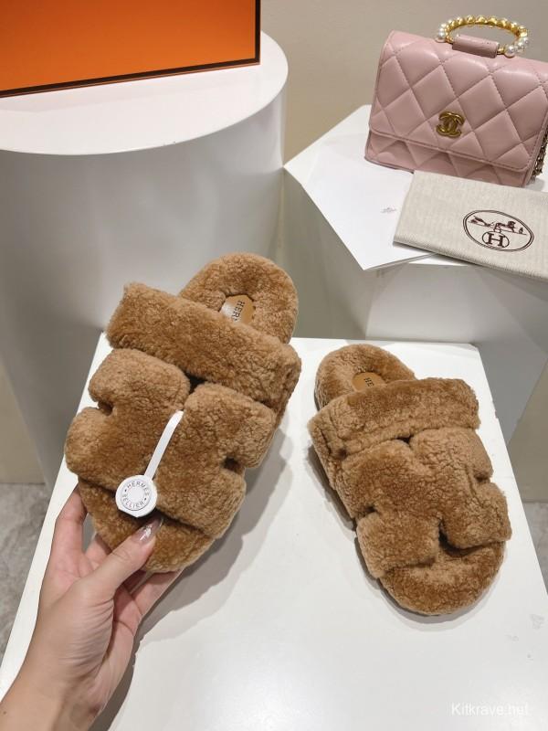 H Love Tulle Full Wool Fur Slippers with Wavy Fur - LY00270