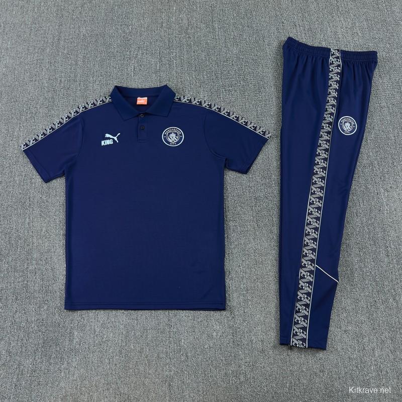 26/27 Manchester City Navy Blue Polo Training Shirt + Long Pants Tracksuit