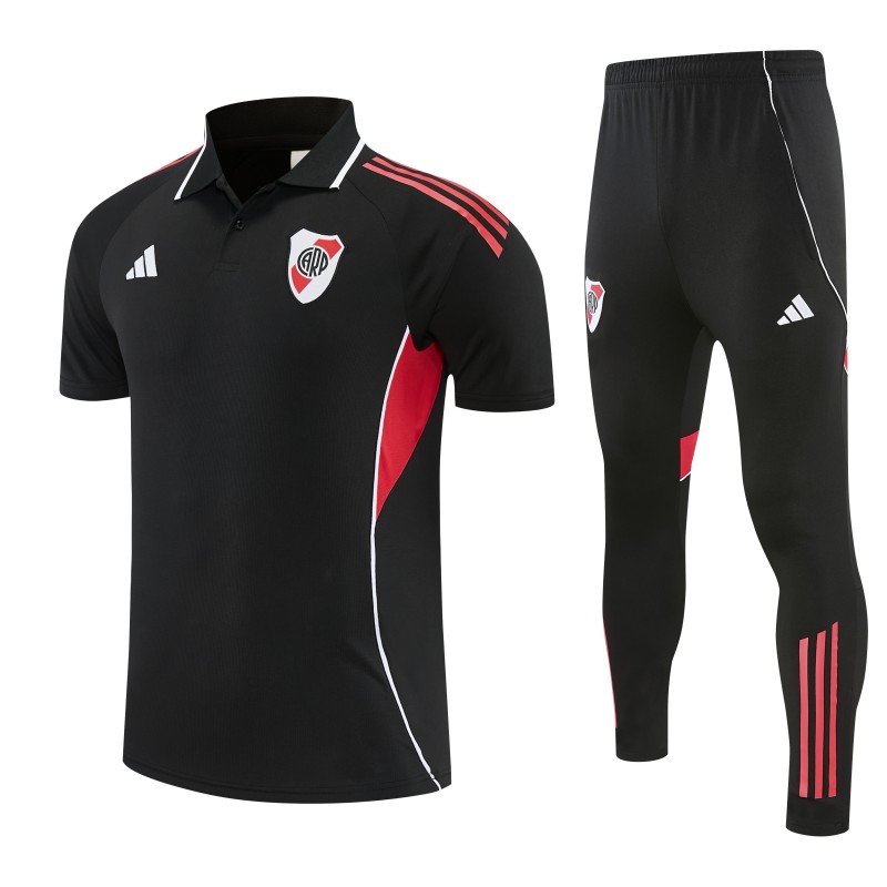 26/27 River Plate Black Polo Training Shirt + Long Pants Tracksuit