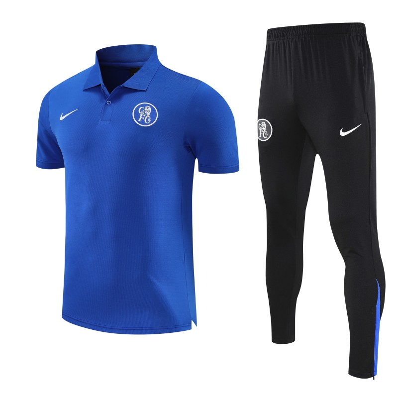 26/27  Chelsea Blue Polo Training Shirt + Black  Long Pants Tracksuit