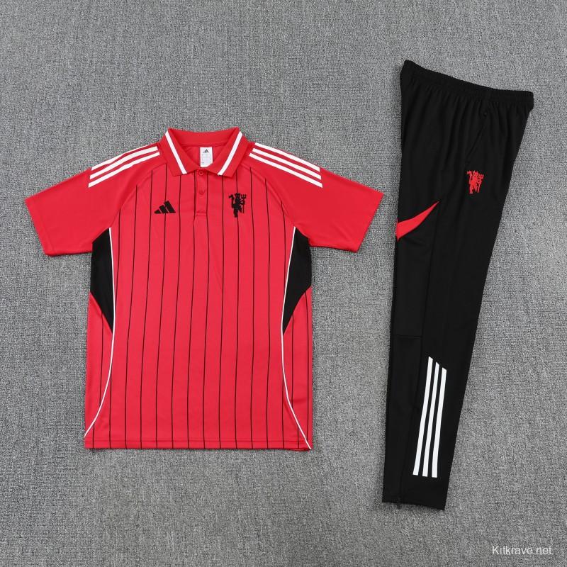 26/27 Manchester United  Red Stripes  Polo Training Shirt + Long Pants Tracksuit