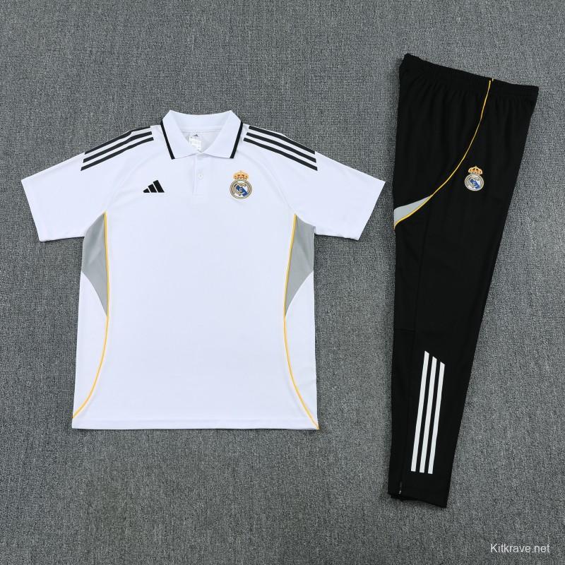 26/27 Real Madrid White Polo Training Shirt + Black Long Pants Tracksuit
