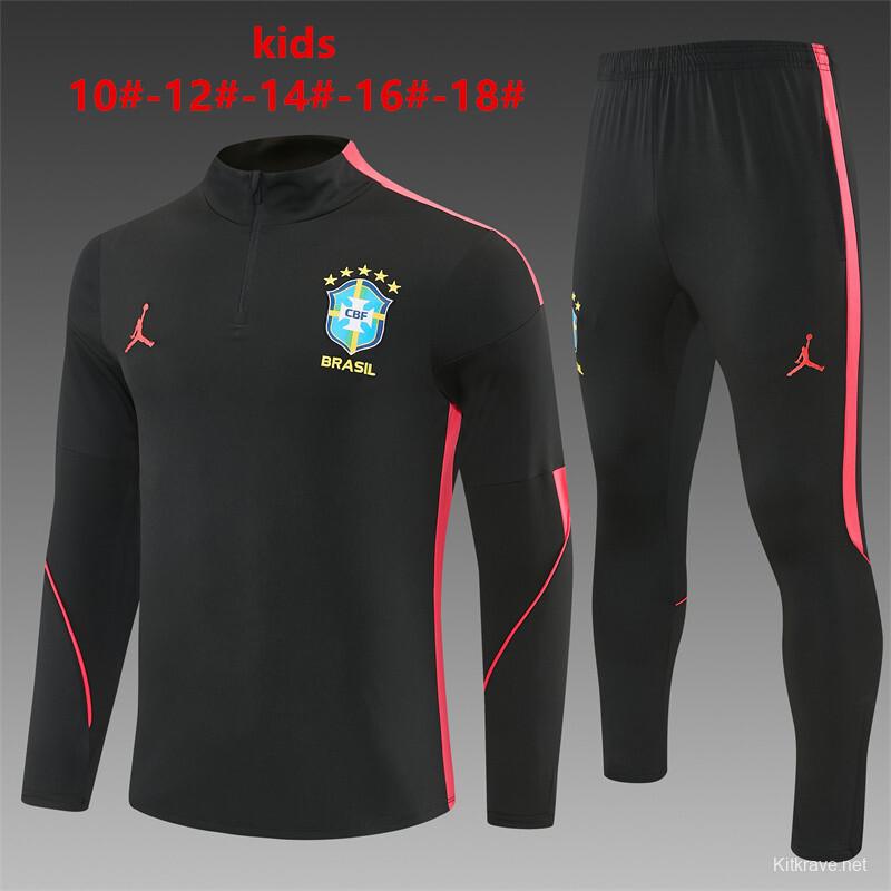 26/27 Kids Brazil Black & Red Half Zipper Jacket Tracksuit + Long Pants
