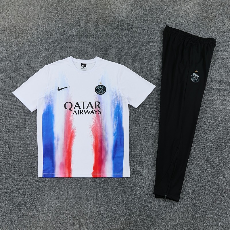 26/27 Paris Saint-Germain White with Red & Blue Brushstroke Allover Print Short Sleeve + Long Pants