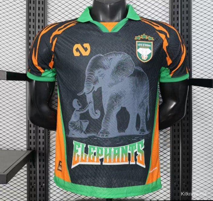 Player Version 2025 Ivory Coast Black with Elephant Graphic and Orange Stripes Jersey