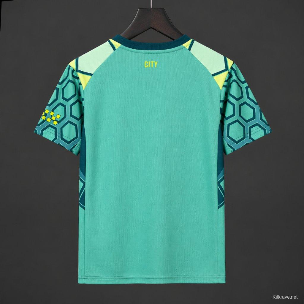26/27 Manchester City Vibrant Green Goalkeeper Jersey With Dark Blue Geometric Pattern.
